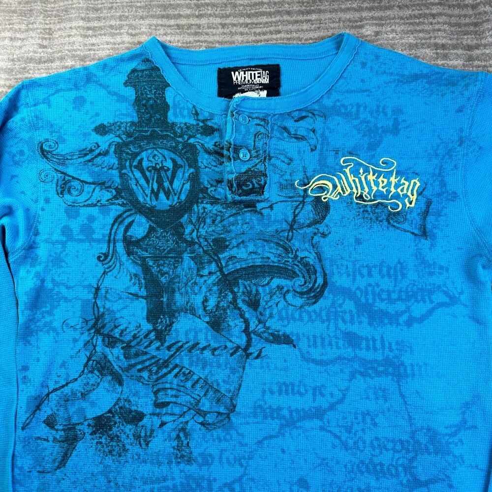 VINTAGE Whitetag Shirt Mens Extra Large Blue Y2K Thermal Cyber Mall Goth Grunge